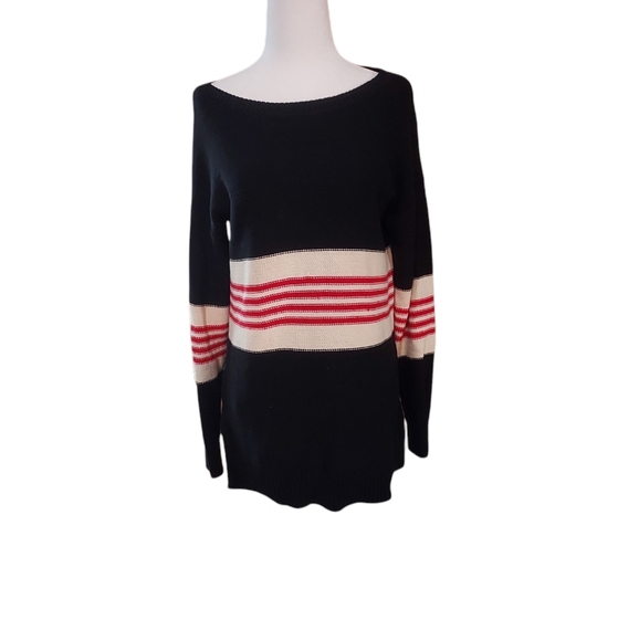 Ann Taylor XS Sweater Striped Knit Relaxed Woman Black Red White. Dimens… - Picture 1 of 3